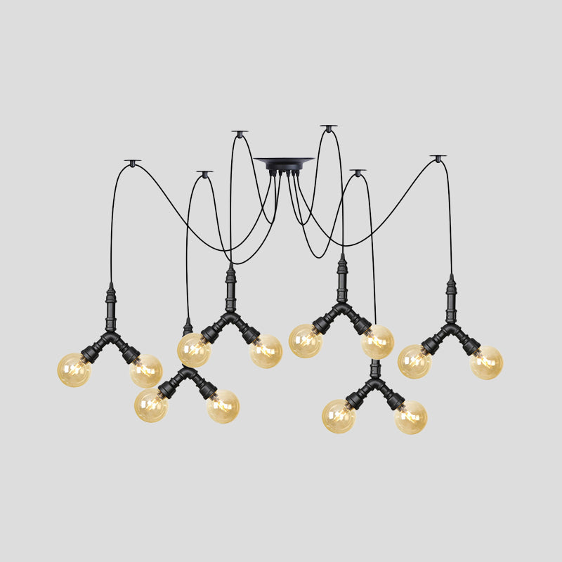 Suspension industrielle Swag - Globe en verre ambré, plusieurs plafonniers, LED, finition noire - Parfait pour les restaurants !