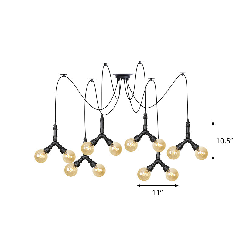 Suspension industrielle Swag - Globe en verre ambré, plusieurs plafonniers, LED, finition noire - Parfait pour les restaurants !