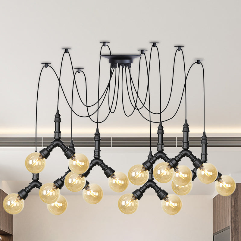 Suspension industrielle Swag - Globe en verre ambré, plusieurs plafonniers, LED, finition noire - Parfait pour les restaurants !