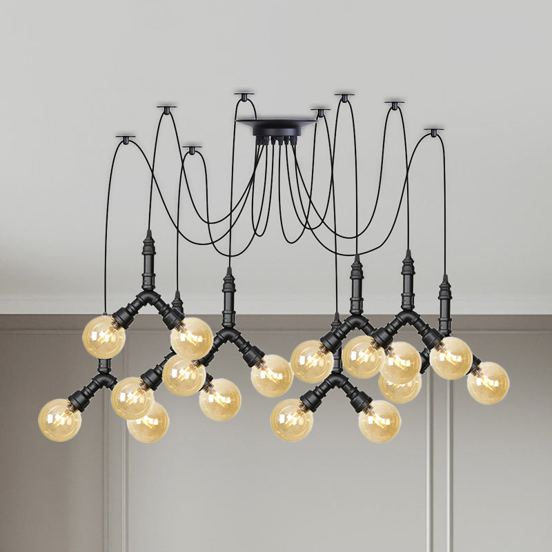 Suspension industrielle Swag - Globe en verre ambré, plusieurs plafonniers, LED, finition noire - Parfait pour les restaurants !
