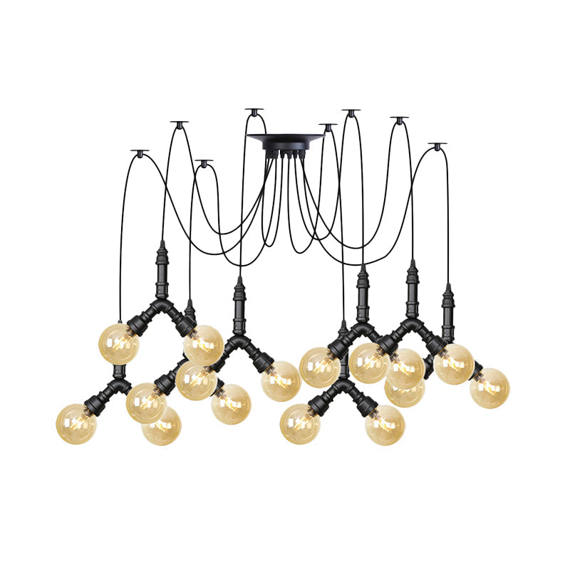 Suspension industrielle Swag - Globe en verre ambré, plusieurs plafonniers, LED, finition noire - Parfait pour les restaurants !