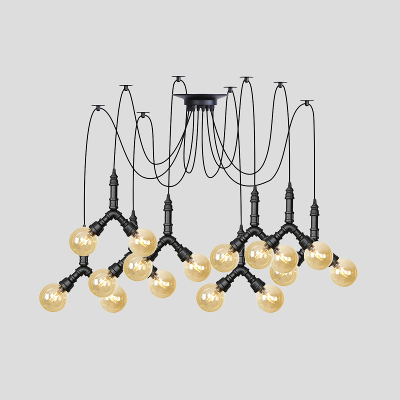 Suspension industrielle Swag - Globe en verre ambré, plusieurs plafonniers, LED, finition noire - Parfait pour les restaurants !