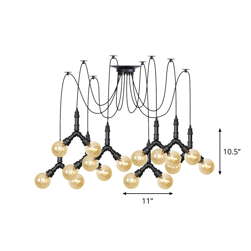 Suspension industrielle Swag - Globe en verre ambré, plusieurs plafonniers, LED, finition noire - Parfait pour les restaurants !