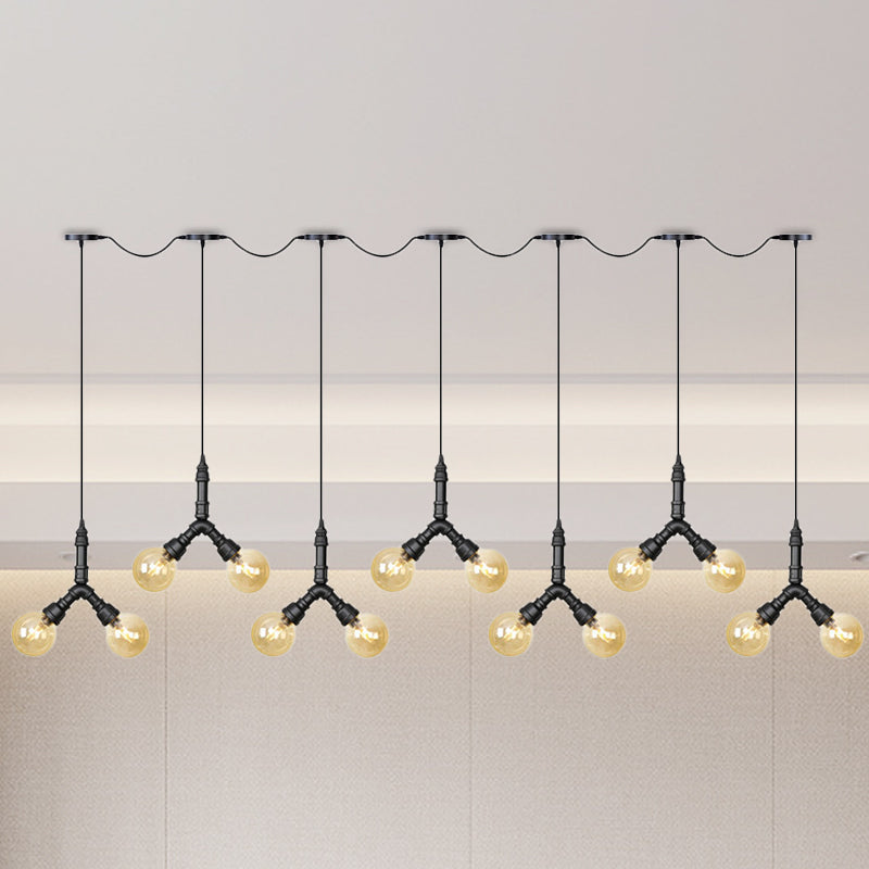 Luminaire suspendu vintage en verre ambré - Lampe suspendue à plusieurs ampoules LED avec 6/10/14 ampoules en noir