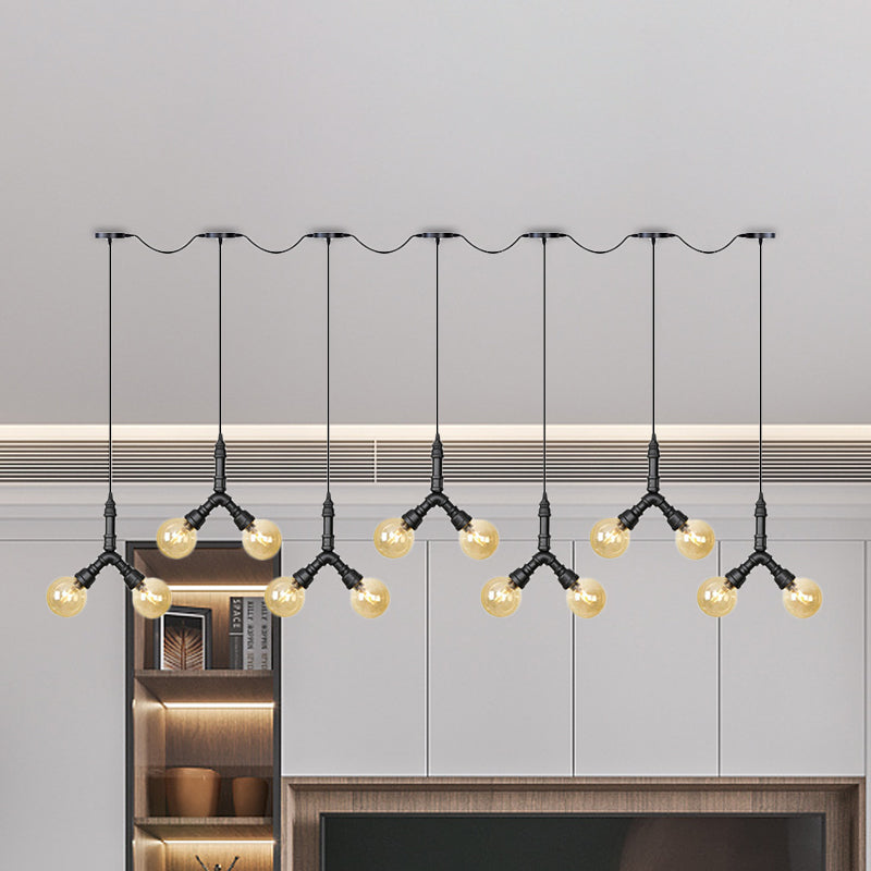 Luminaire suspendu vintage en verre ambré - Lampe suspendue à plusieurs ampoules LED avec 6/10/14 ampoules en noir