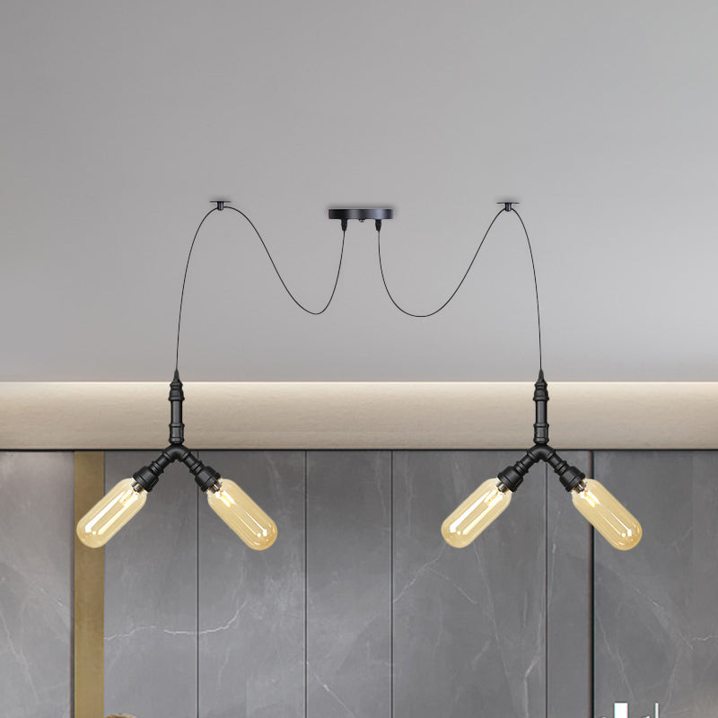 Plafonnier LED Swag en verre ambré - Lampe suspendue industrielle multiple à capsule (4/6/12 têtes) en noir