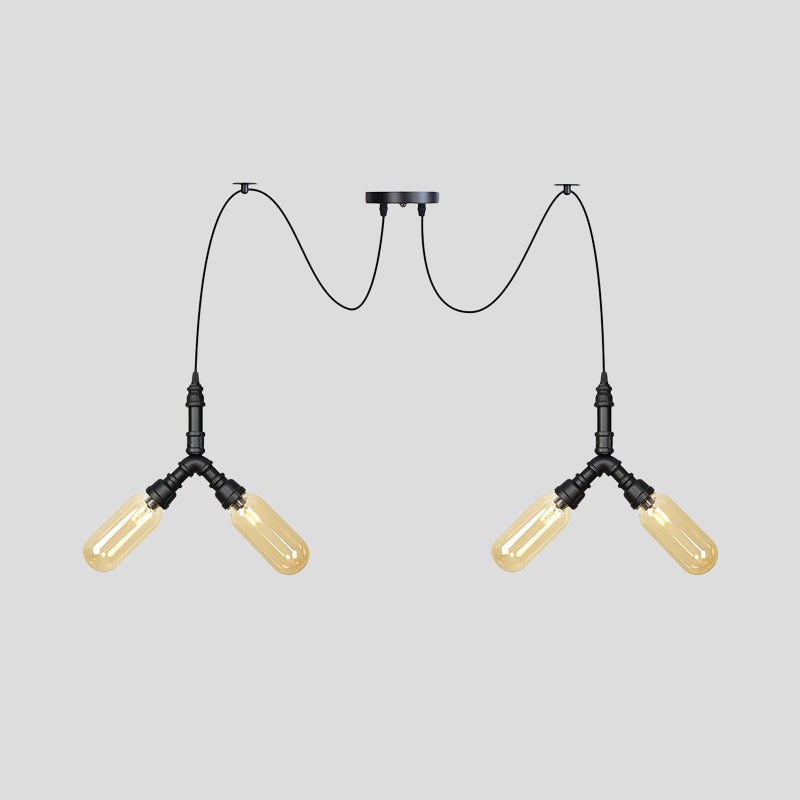 Plafonnier LED Swag en verre ambré - Lampe suspendue industrielle multiple à capsule (4/6/12 têtes) en noir