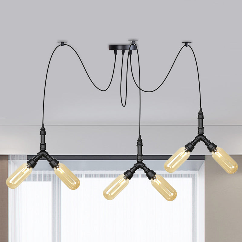 Plafonnier LED Swag en verre ambré - Lampe suspendue industrielle multiple à capsule (4/6/12 têtes) en noir