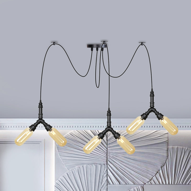 Plafonnier LED Swag en verre ambré - Lampe suspendue industrielle multiple à capsule (4/6/12 têtes) en noir