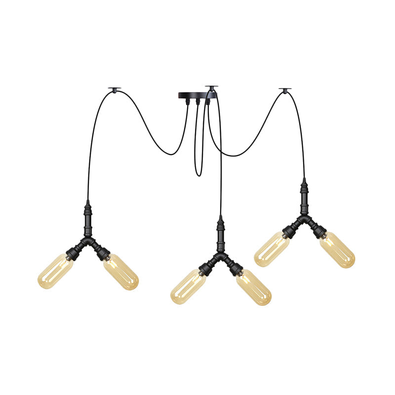 Plafonnier LED Swag en verre ambré - Lampe suspendue industrielle multiple à capsule (4/6/12 têtes) en noir