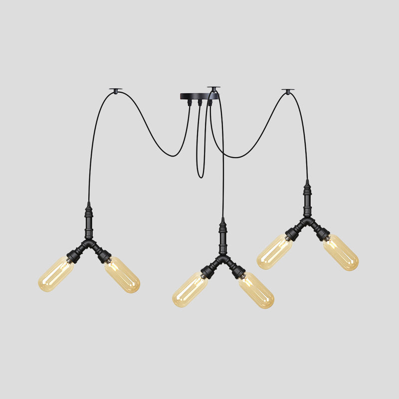 Plafonnier LED Swag en verre ambré - Lampe suspendue industrielle multiple à capsule (4/6/12 têtes) en noir