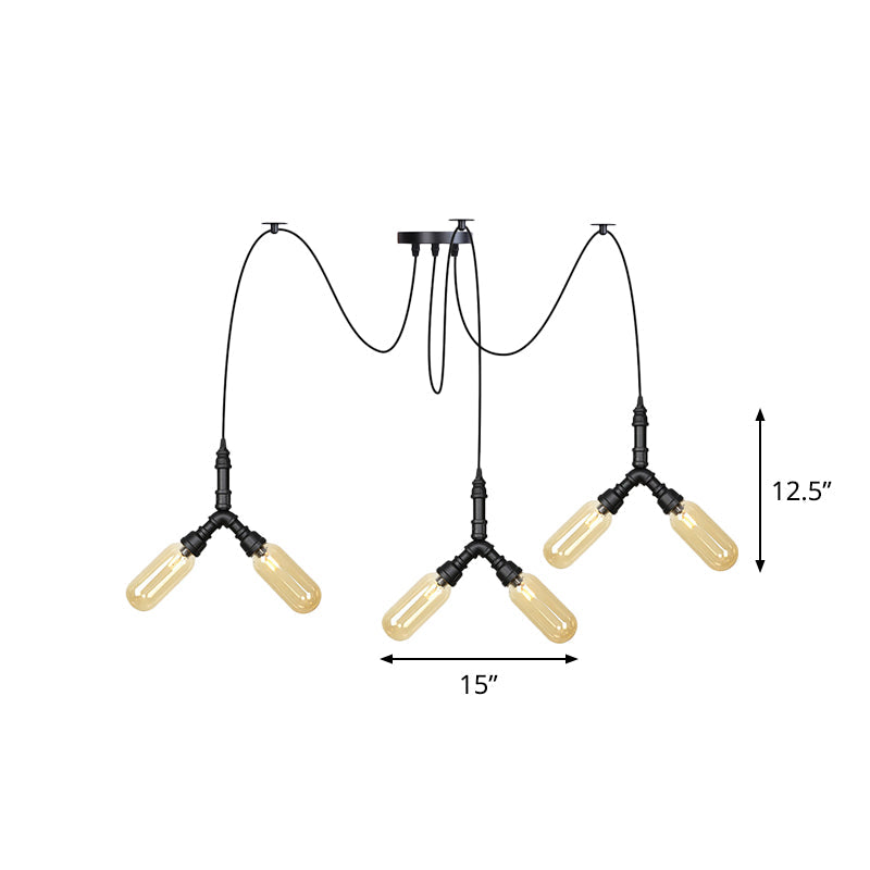 Plafonnier LED Swag en verre ambré - Lampe suspendue industrielle multiple à capsule (4/6/12 têtes) en noir