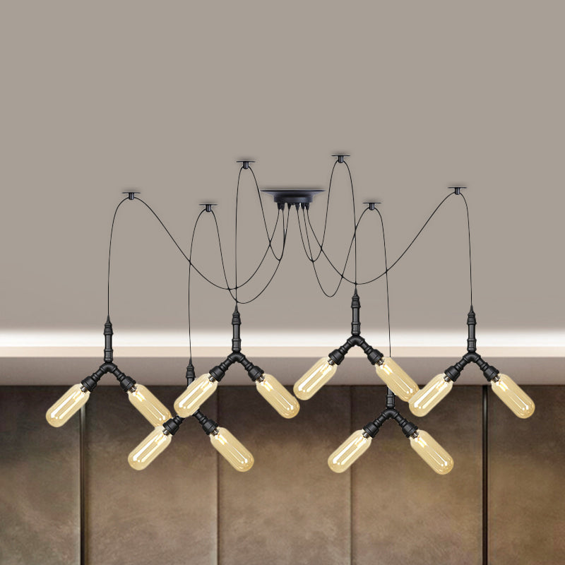 Plafonnier LED Swag en verre ambré - Lampe suspendue industrielle multiple à capsule (4/6/12 têtes) en noir