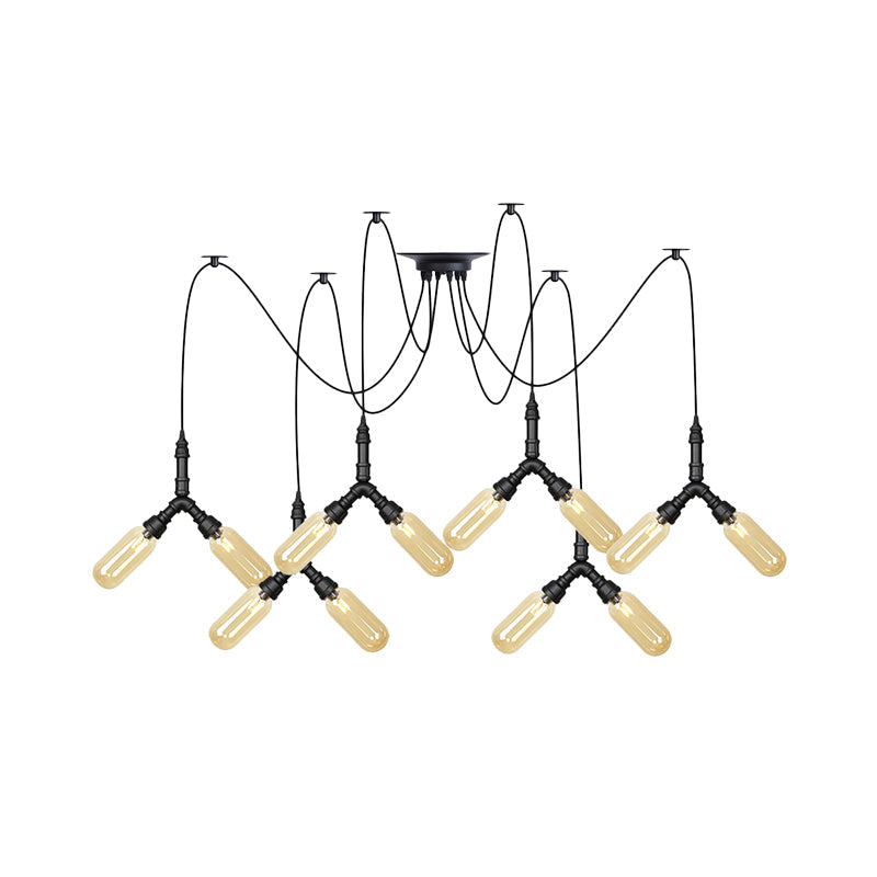 Plafonnier LED Swag en verre ambré - Lampe suspendue industrielle multiple à capsule (4/6/12 têtes) en noir