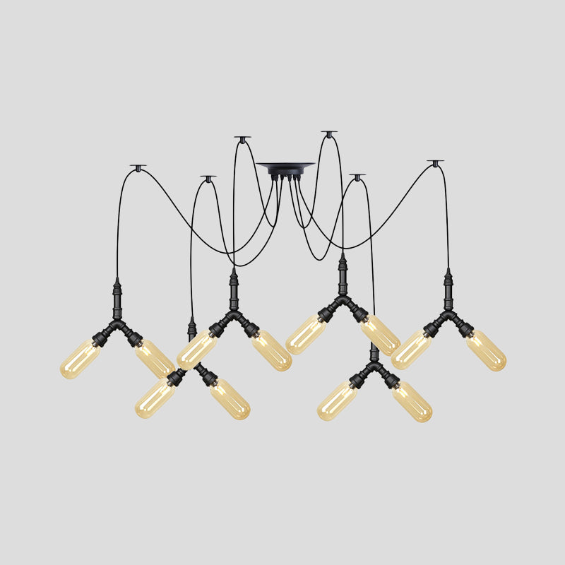 Plafonnier LED Swag en verre ambré - Lampe suspendue industrielle multiple à capsule (4/6/12 têtes) en noir