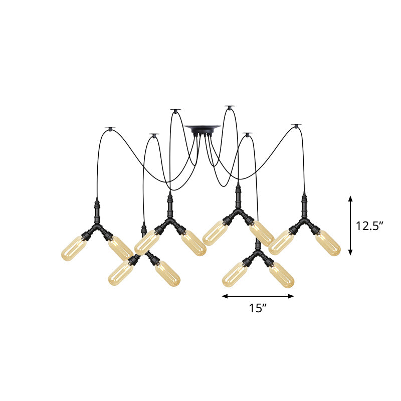 Plafonnier LED Swag en verre ambré - Lampe suspendue industrielle multiple à capsule (4/6/12 têtes) en noir