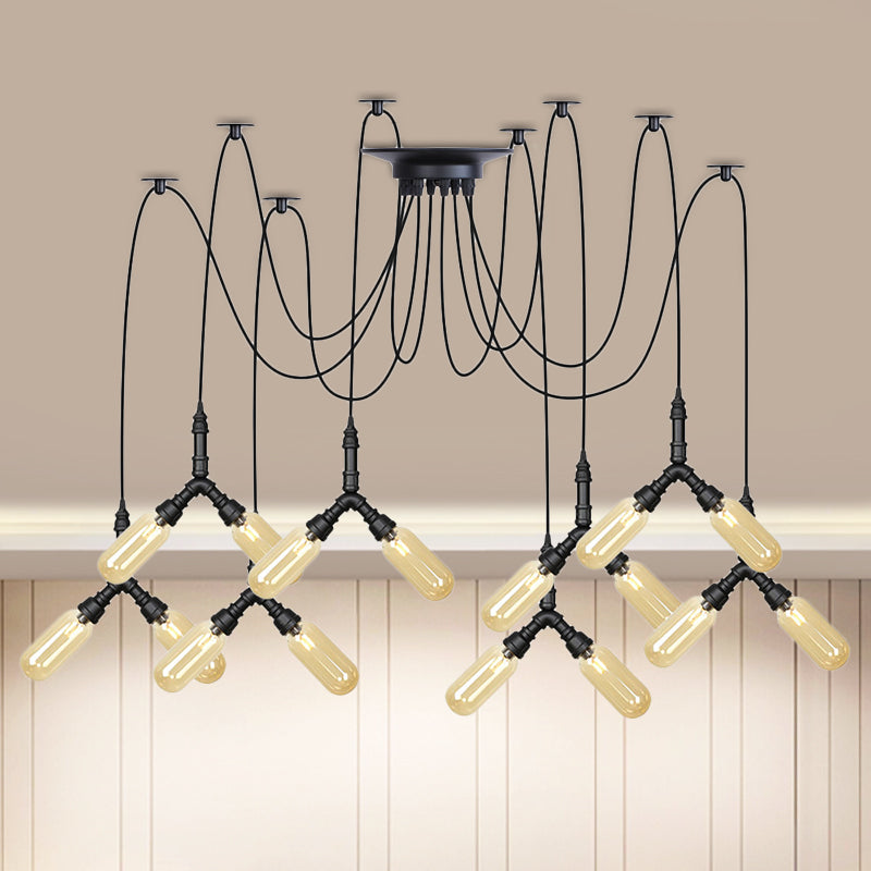 Plafonnier LED Swag en verre ambré - Lampe suspendue industrielle multiple à capsule (4/6/12 têtes) en noir