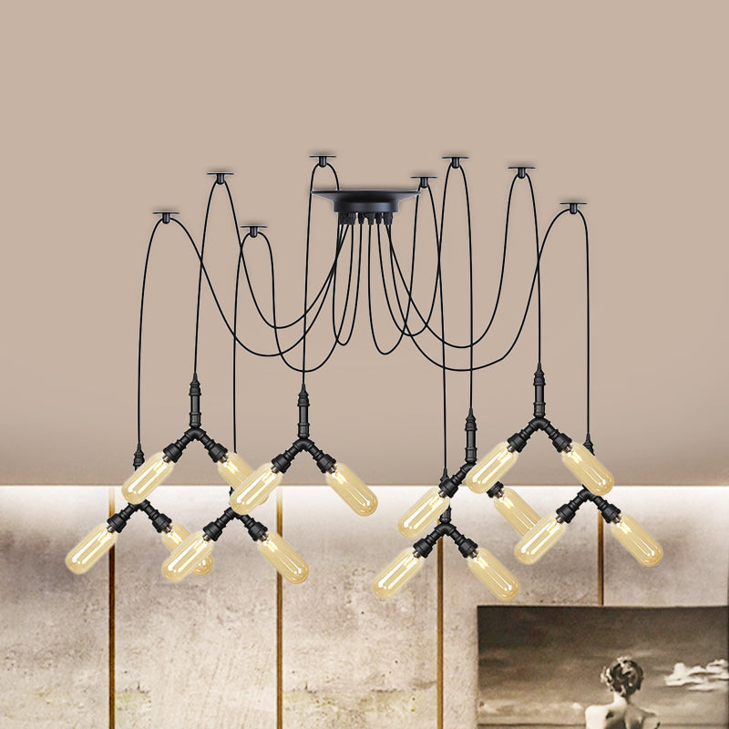 Plafonnier LED Swag en verre ambré - Lampe suspendue industrielle multiple à capsule (4/6/12 têtes) en noir