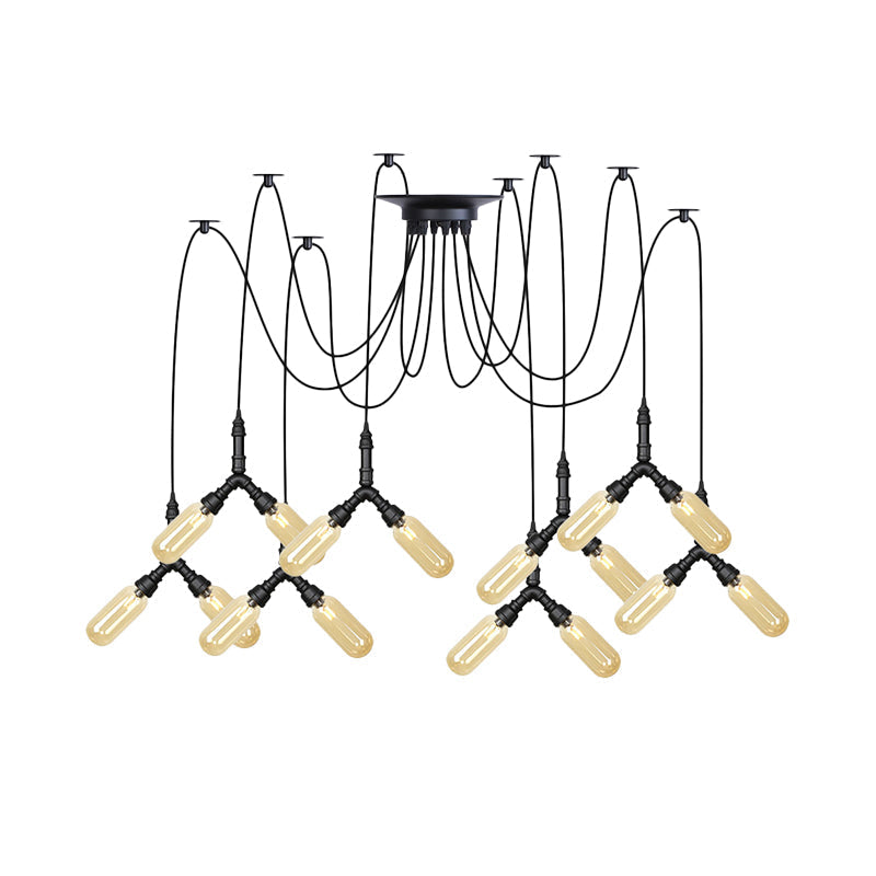 Plafonnier LED Swag en verre ambré - Lampe suspendue industrielle multiple à capsule (4/6/12 têtes) en noir