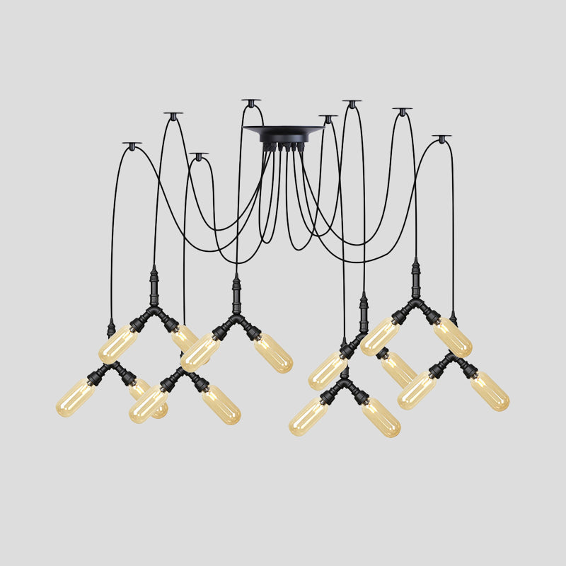 Plafonnier LED Swag en verre ambré - Lampe suspendue industrielle multiple à capsule (4/6/12 têtes) en noir