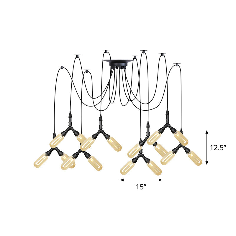 Plafonnier LED Swag en verre ambré - Lampe suspendue industrielle multiple à capsule (4/6/12 têtes) en noir