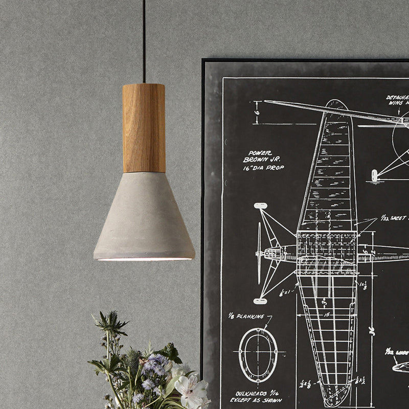 Lampe suspendue industrielle avec dessus en bois - Forme de cône/trapèze/canette gris ciment, 1 tête, 8,5"/10"/12" de hauteur