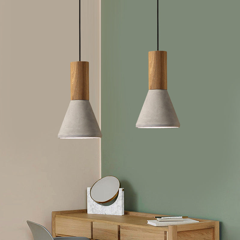 Lampe suspendue industrielle avec dessus en bois - Forme de cône/trapèze/canette gris ciment, 1 tête, 8,5"/10"/12" de hauteur