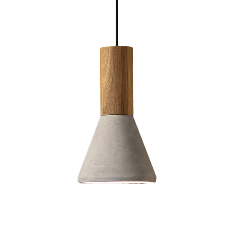 Lampe suspendue industrielle avec dessus en bois - Forme de cône/trapèze/canette gris ciment, 1 tête, 8,5"/10"/12" de hauteur