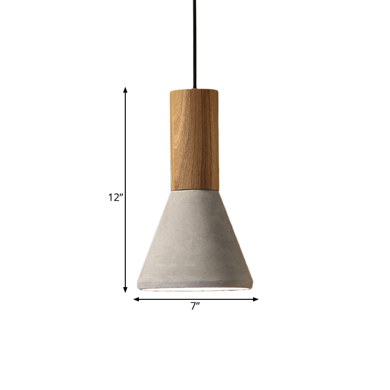 Lampe suspendue industrielle avec dessus en bois - Forme de cône/trapèze/canette gris ciment, 1 tête, 8,5"/10"/12" de hauteur