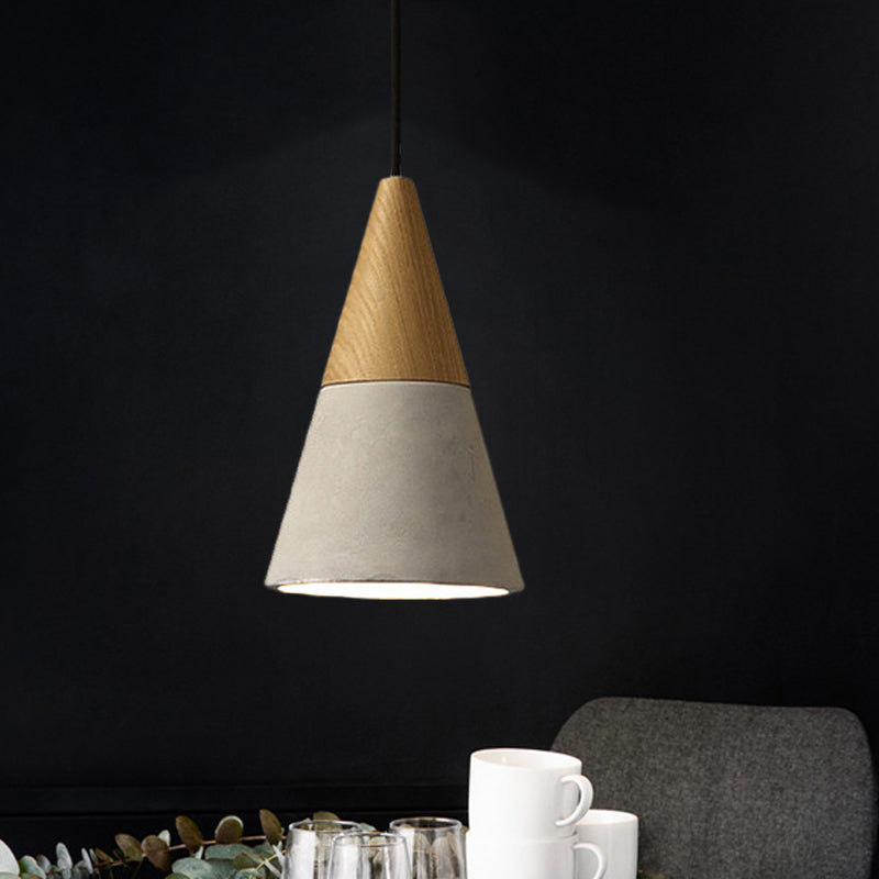 Lampe suspendue industrielle avec dessus en bois - Forme de cône/trapèze/canette gris ciment, 1 tête, 8,5"/10"/12" de hauteur