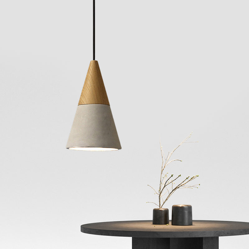 Lampe suspendue industrielle avec dessus en bois - Forme de cône/trapèze/canette gris ciment, 1 tête, 8,5"/10"/12" de hauteur