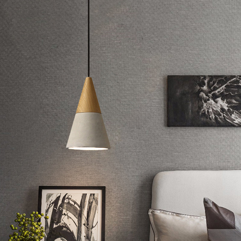 Lampe suspendue industrielle avec dessus en bois - Forme de cône/trapèze/canette gris ciment, 1 tête, 8,5"/10"/12" de hauteur