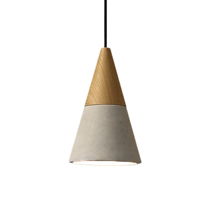 Lampe suspendue industrielle avec dessus en bois - Forme de cône/trapèze/canette gris ciment, 1 tête, 8,5"/10"/12" de hauteur