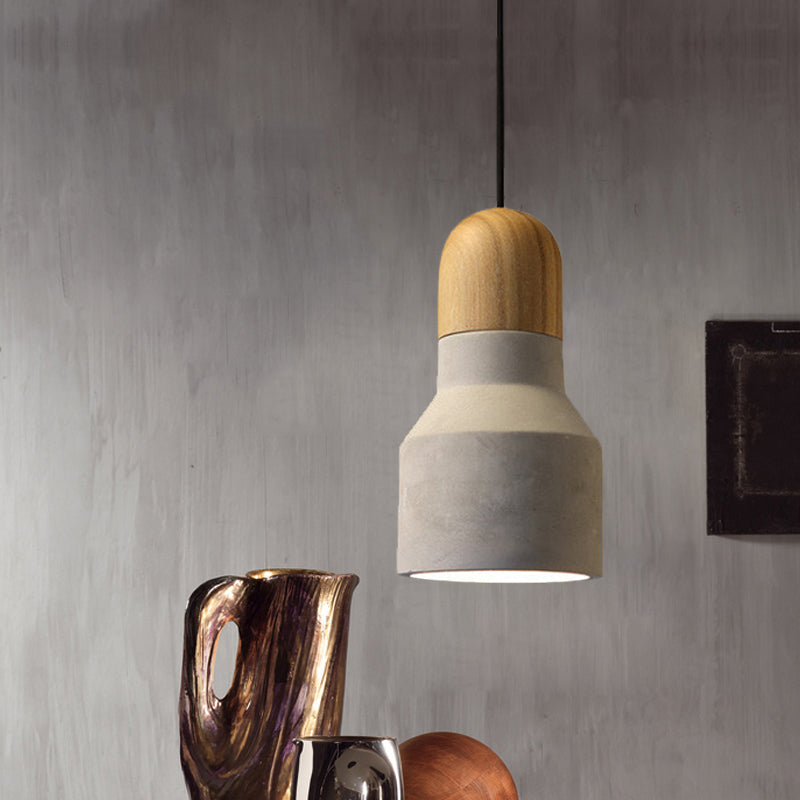 Lampe suspendue industrielle avec dessus en bois - Forme de cône/trapèze/canette gris ciment, 1 tête, 8,5"/10"/12" de hauteur