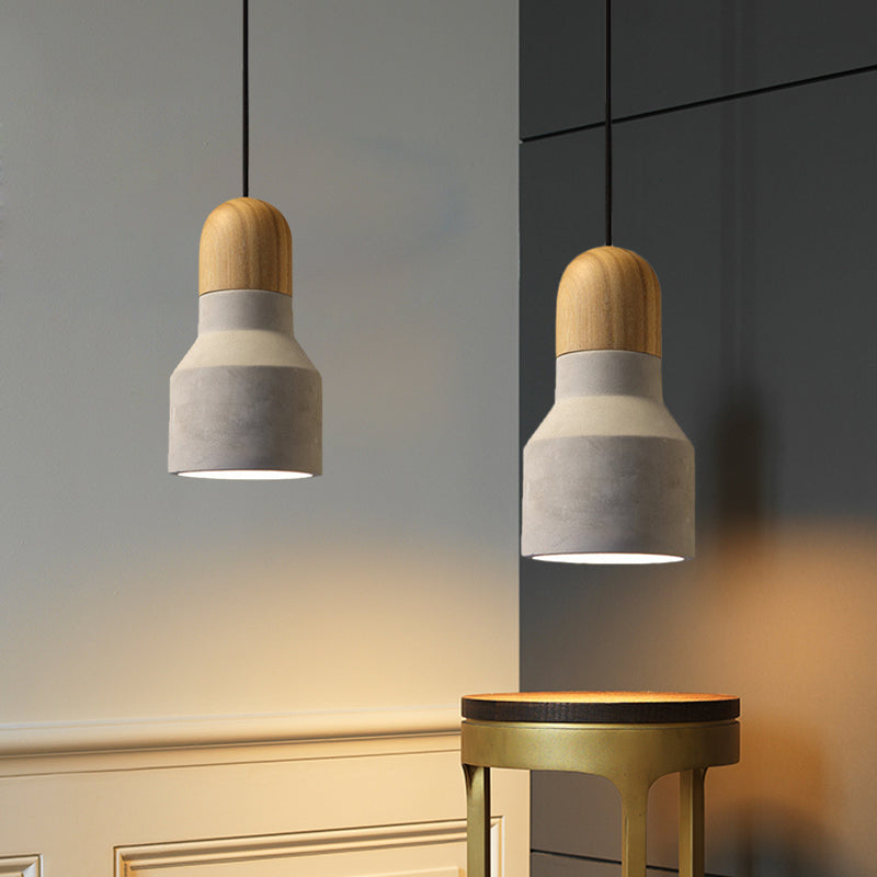 Lampe suspendue industrielle avec dessus en bois - Forme de cône/trapèze/canette gris ciment, 1 tête, 8,5"/10"/12" de hauteur