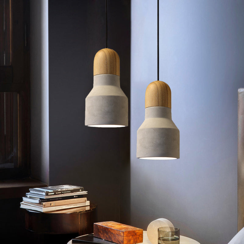 Lampe suspendue industrielle avec dessus en bois - Forme de cône/trapèze/canette gris ciment, 1 tête, 8,5"/10"/12" de hauteur