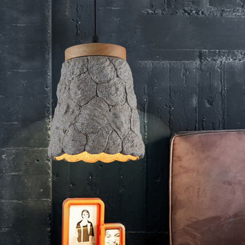 Antiqued Cement Cup Pendant Light Fixture – 1-Light Restaurant Hanging Lamp Kit, Dark Grey/Light Grey/Bronze, Lumpy Design