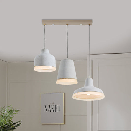 Lampe à suspension en ciment gris : géométrie vintage avec auvent linéaire/rond - Lot de 3 ampoules suspendues
