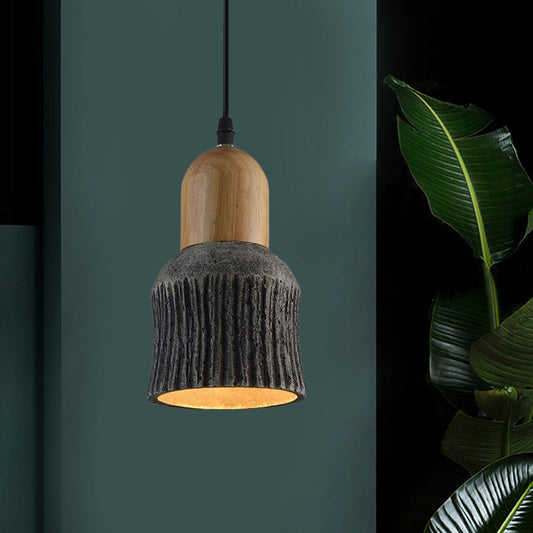 Plafonnier en forme de coupe vieillie : lampe suspendue en ciment (1 tête) - Argent/noir/bronze avec accents en bois