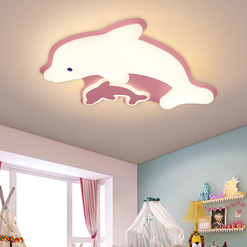 Modern Dolphin Flushmount LED Light - Sleek Acrylic Ceiling Fixture for Bedrooms (Grey/Pink/Blue)