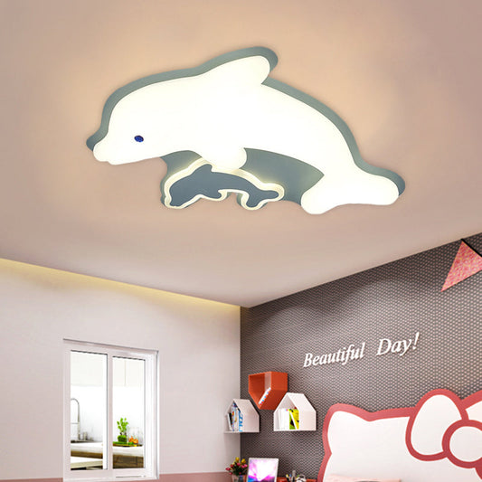 Modern Dolphin Flushmount LED Light - Sleek Acrylic Ceiling Fixture for Bedrooms (Grey/Pink/Blue)