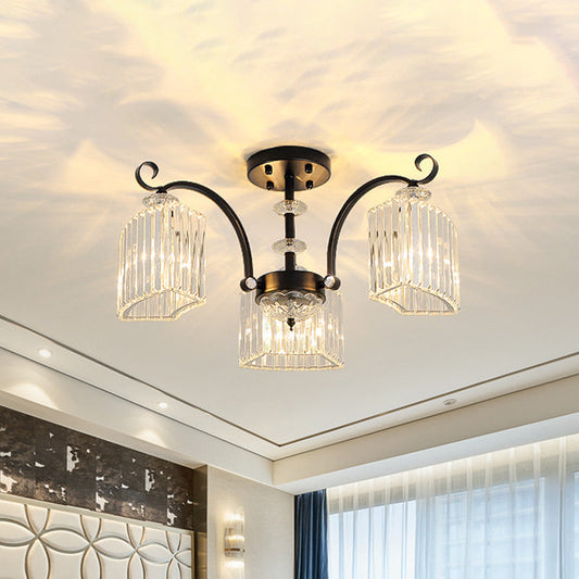 Modern Crystal Block Semi Flush Mount Ceiling Light with Black Arc Frame - 3/9 Bulbs