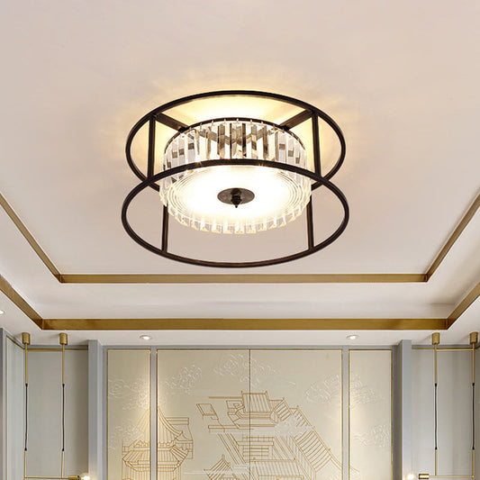 Modern Crystal Flush Light Fixture with Black Metal Frame - 5-Head Living Room Flush Mount Lamp