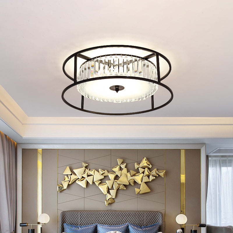 Modern Crystal Flush Light Fixture with Black Metal Frame - 5-Head Living Room Flush Mount Lamp