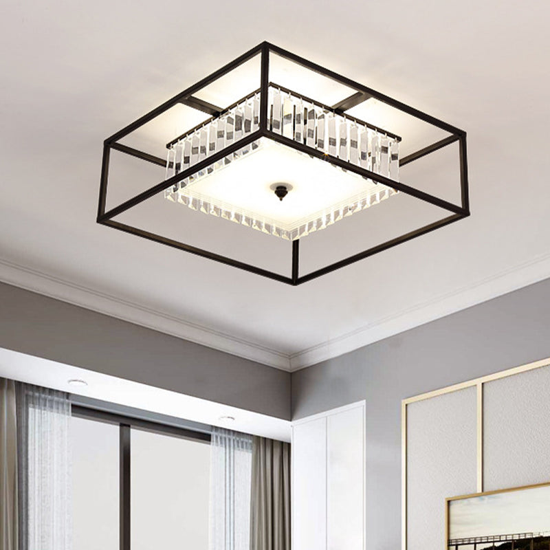 Modern Crystal Flush Light Fixture with Black Metal Frame - 5-Head Living Room Flush Mount Lamp