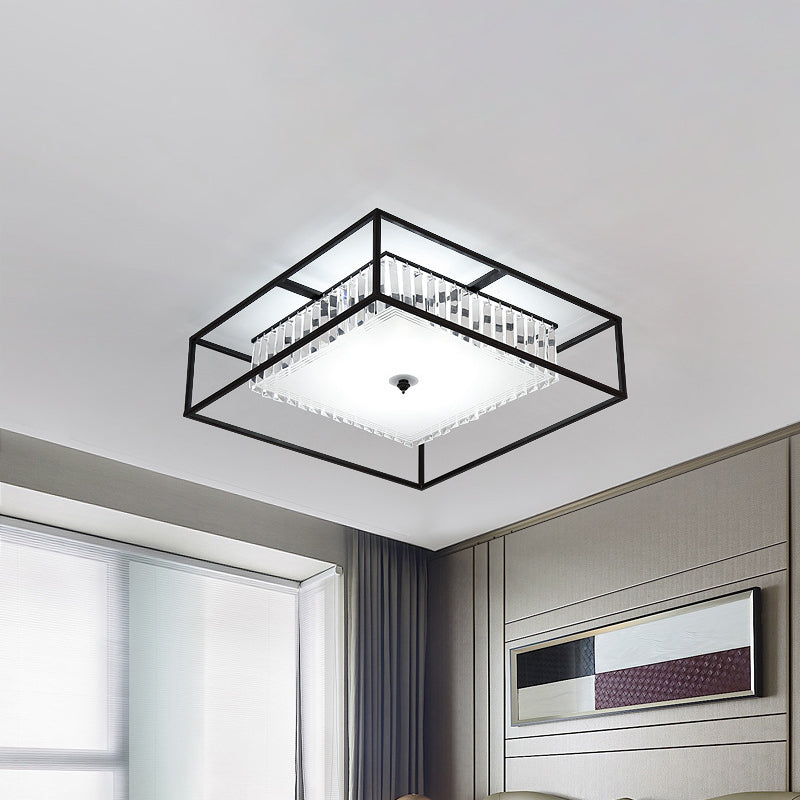 Modern Crystal Flush Light Fixture with Black Metal Frame - 5-Head Living Room Flush Mount Lamp