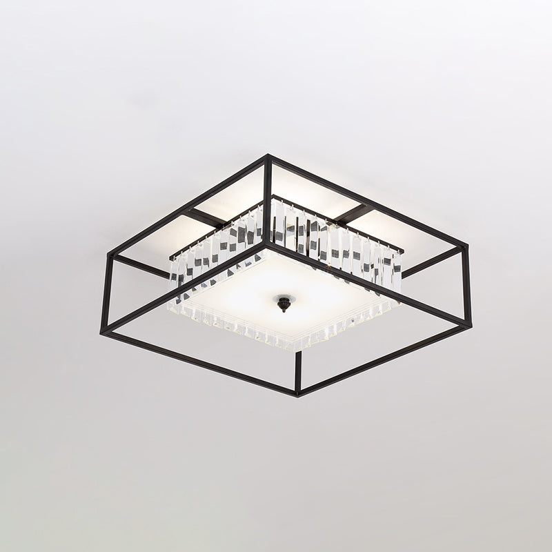 Modern Crystal Flush Light Fixture with Black Metal Frame - 5-Head Living Room Flush Mount Lamp