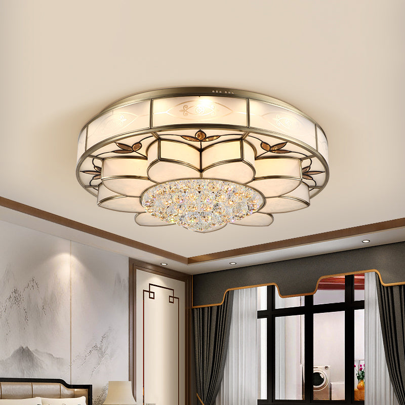 Contemporary Blossom Flushmount Lighting with Crystal Drop - 7-Light Frosted Glass Ceiling Flush Mount