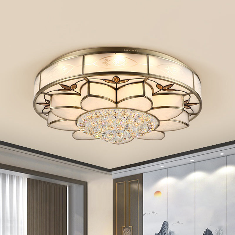 Contemporary Blossom Flushmount Lighting with Crystal Drop - 7-Light Frosted Glass Ceiling Flush Mount