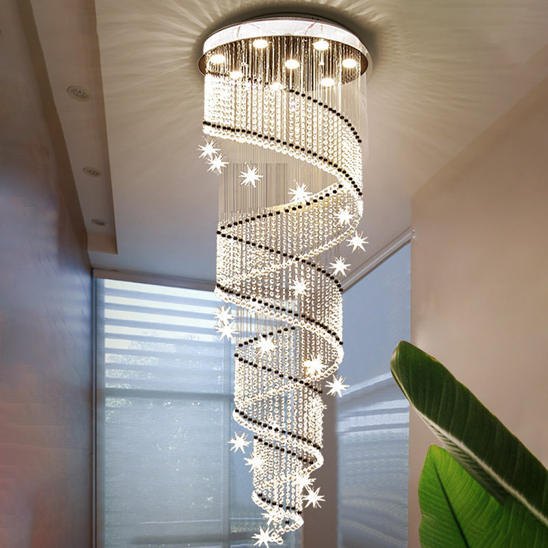 Sleek Spiral Multi Ceiling Light - 4 Clear Crystal Bead Suspension Heads for Stair